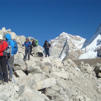 Everest Base Camp Trek/Group heading back to Gorak Shep from Everest Base Camp
